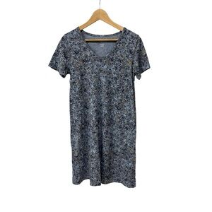 Pure Jill Soft T-Shirt Dress Blue Floral V-Neck Pullover Pockets XS